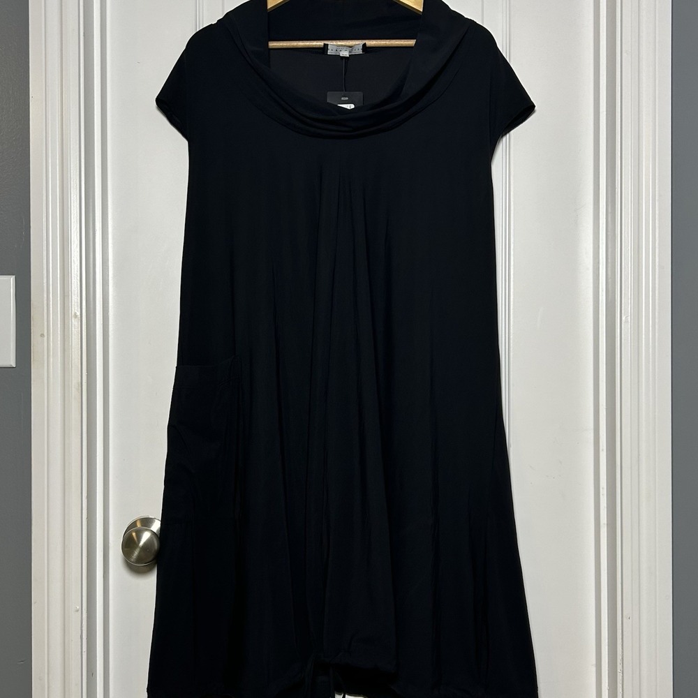 Bryn Walker Made in USA Black Cowl Neck Drawstring Hem Relaxed Oden Tunic Dress